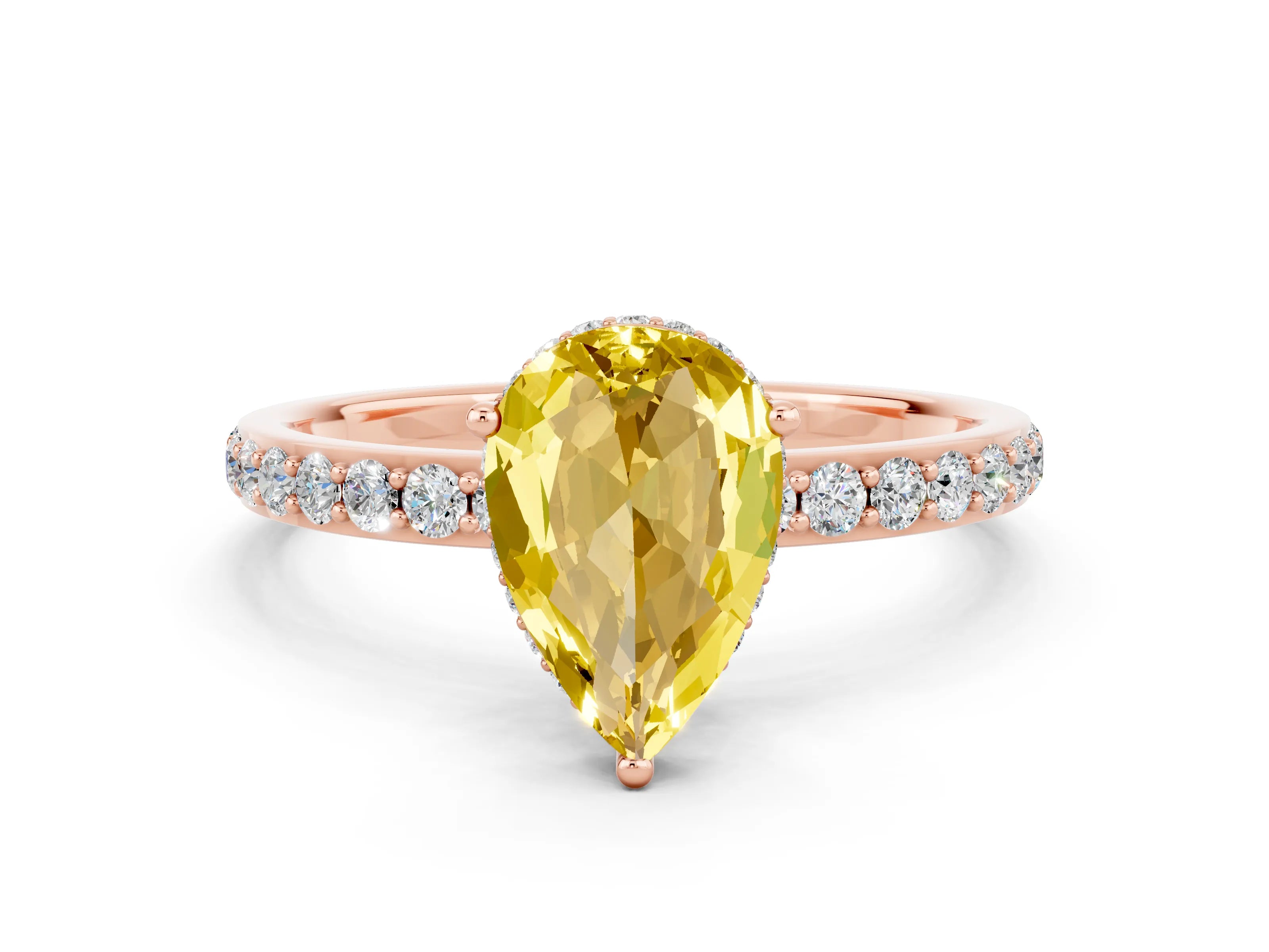 Rose gold Pear Cut Yellow Sapphire Solitaire Ring with Pavé Band and Hidden Halo_12