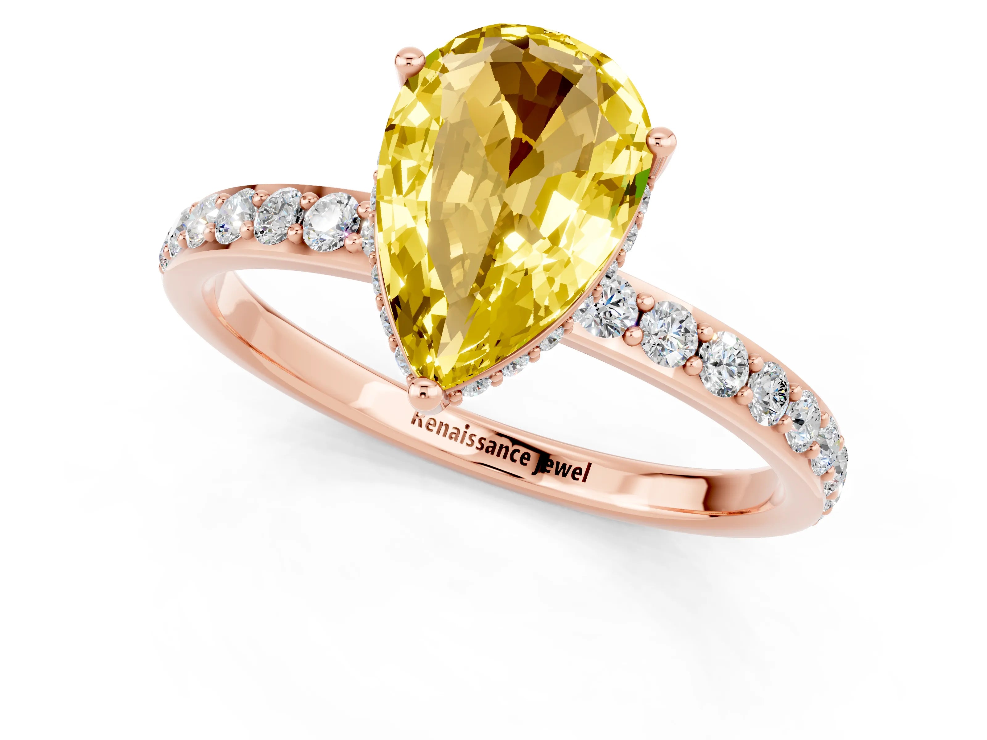 Rose gold Pear Cut Yellow Sapphire Solitaire Ring with Pavé Band and Hidden Halo_13