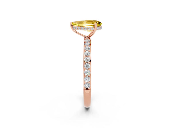 Rose gold Pear Cut Yellow Sapphire Solitaire Ring with Pavé Band and Hidden Halo