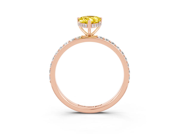 Rose gold Pear Cut Yellow Sapphire Solitaire Ring with Pavé Band and Hidden Halo