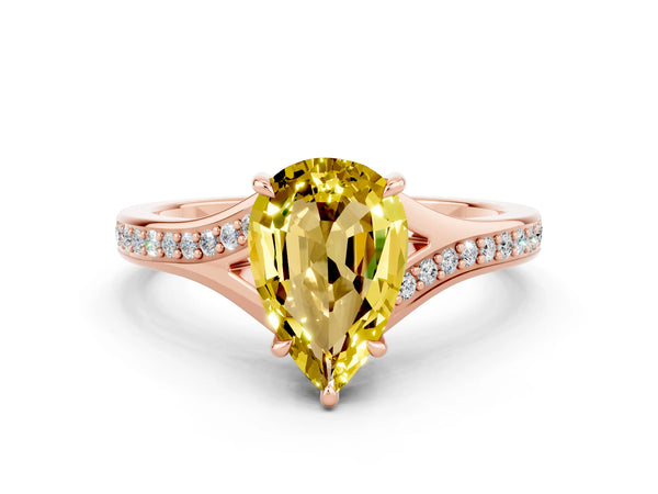 Rose gold Pear Cut Yellow Sapphire Solitaire Ring with Pavé Band and Prong Setting