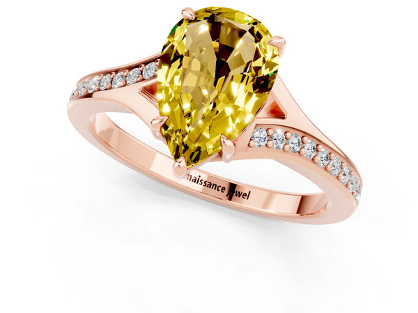 Rose gold Pear Cut Yellow Sapphire Solitaire Ring with Pavé Band and Prong Setting