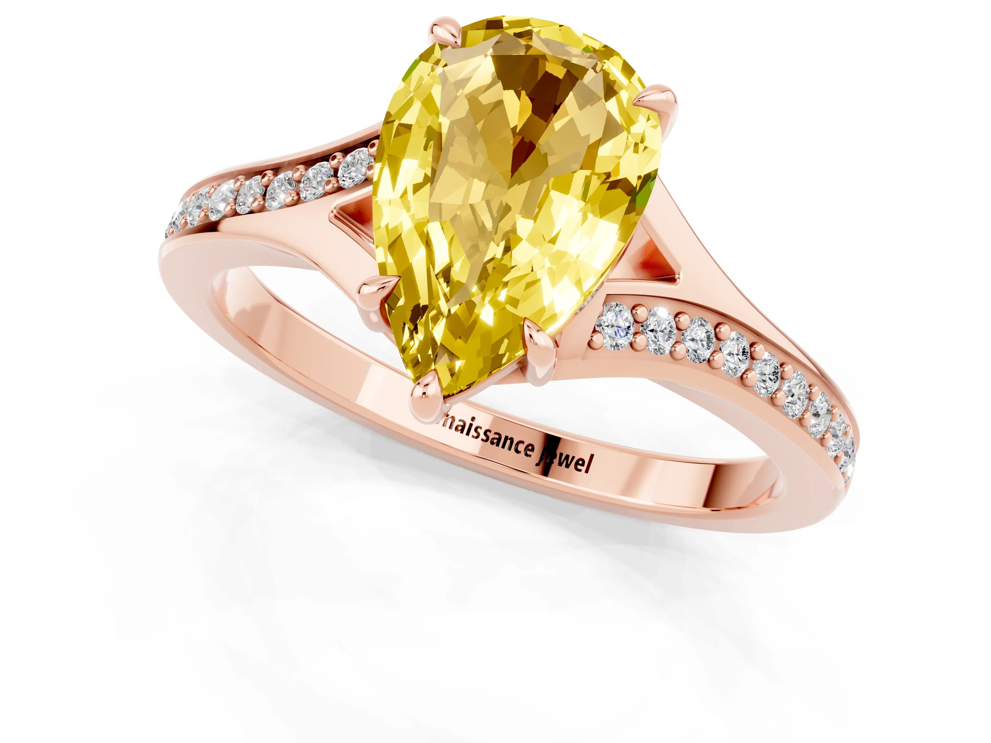 Rose gold Pear Cut Yellow Sapphire Solitaire Ring with Pavé Band and Prong Setting_13