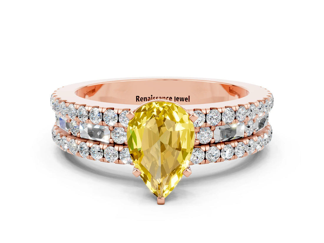 Rose gold Pear Cut Yellow Sapphire Solitaire Ring with Pavé and Channel Set Band_24