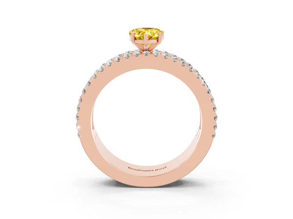 Rose gold Pear Cut Yellow Sapphire Solitaire Ring with Pavé and Channel Set Band