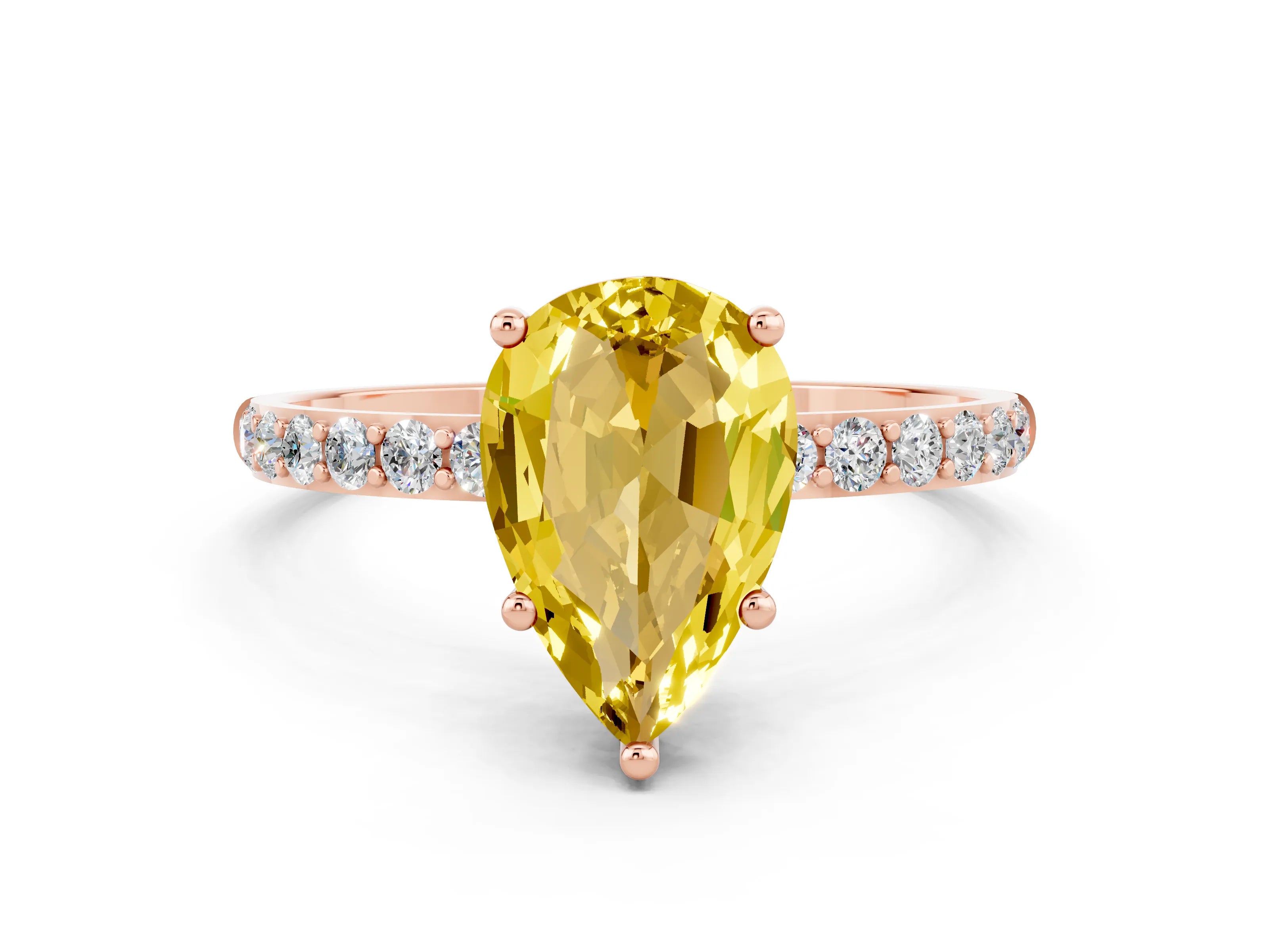 Rose gold Pear Cut Yellow Sapphire Solitaire Ring with Pave Band and Four Prong Setting_48