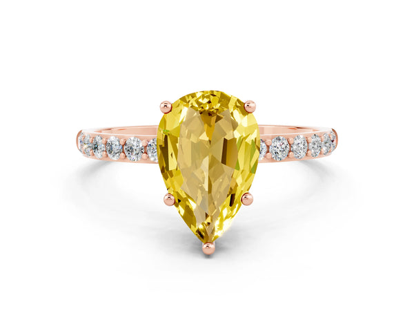 Rose gold Pear Cut Yellow Sapphire Solitaire Ring with Round  Pavé Band and Prong Setting