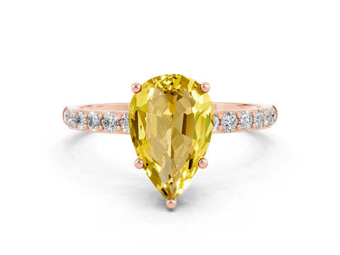 Rose gold Pear Cut Yellow Sapphire Solitaire Ring with Pave Band and Four Prong Setting_48