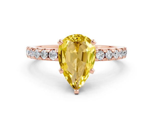 Rose gold Pear Cut Yellow Sapphire Solitaire Ring with Round Pavé Band and Four-Prong Setting