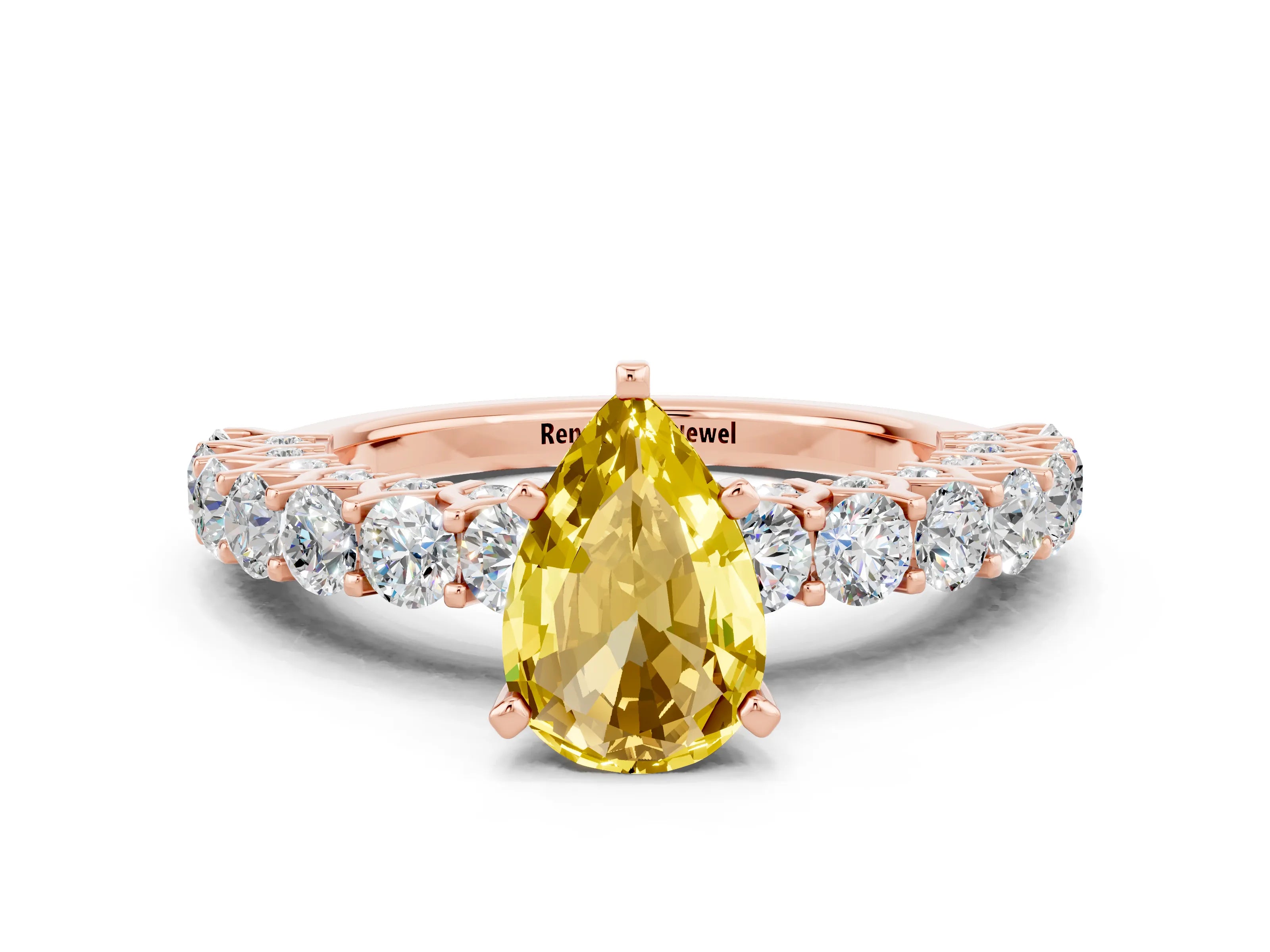 Rose gold Pear Cut Yellow Sapphire Solitaire Ring with Shared Prong Pavé Band and Four-Prong Setting