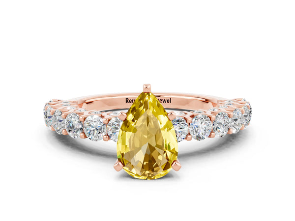 Rose gold Pear Cut Yellow Sapphire Solitaire Ring with Shared Prong Pavé Band and Four-Prong Setting