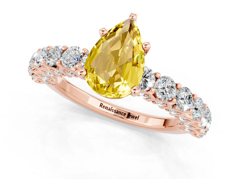 Rose gold Pear Cut Yellow Sapphire Solitaire Ring with Shared Prong Pavé Band and Four-Prong Setting_1