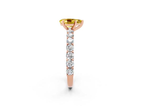 Rose gold Pear Cut Yellow Sapphire Solitaire Ring with Shared Prong Pavé Band and Four-Prong Setting