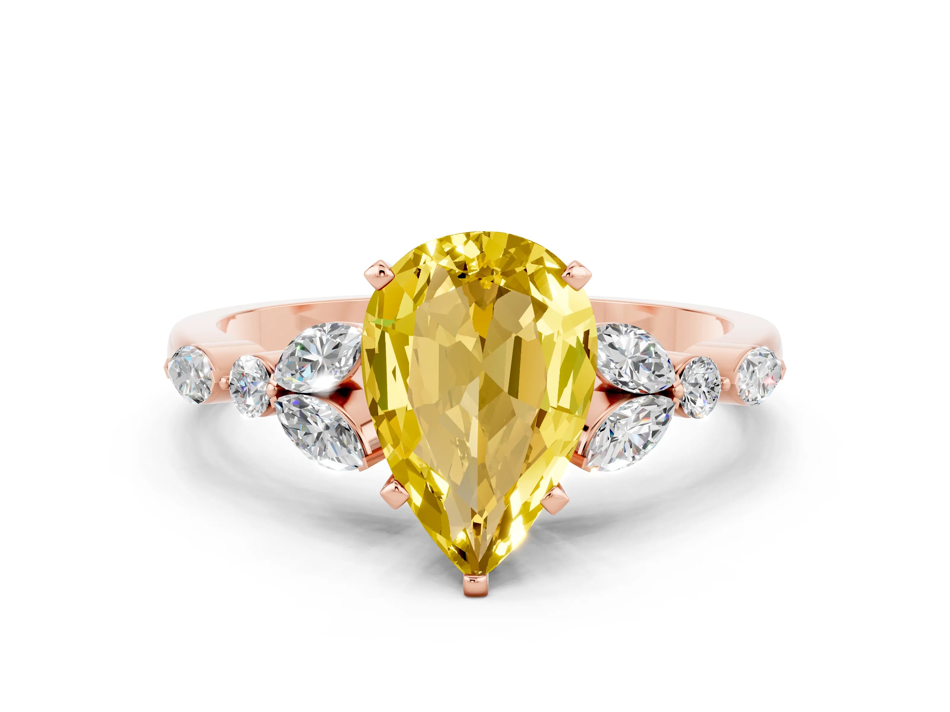 Rose gold Pear Cut Yellow Sapphire Solitaire Ring with Side Stones and Four-Prong Setting_12