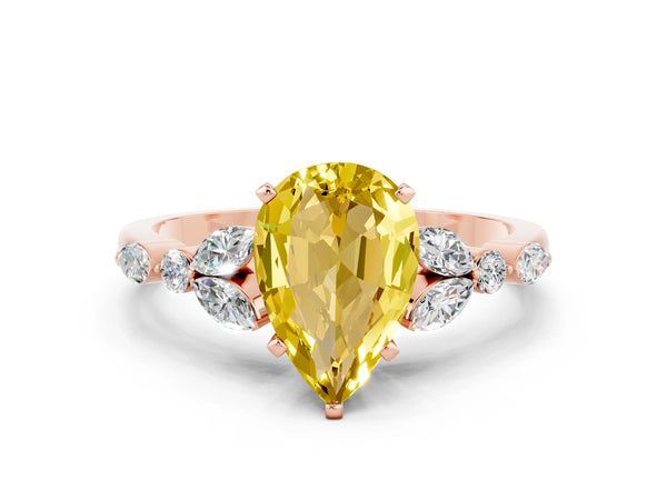 Rose gold Pear Cut Yellow Sapphire Solitaire Ring with Side Stones and Four-Prong Setting