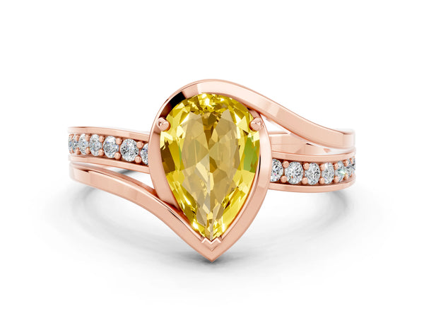 Rose gold Pear Cut Yellow Sapphire Solitaire Ring with Split Shank and Prong Setting