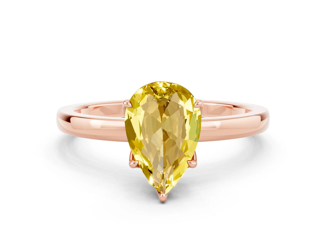 Rose gold Pear Cut Yellow Sapphire Solitaire Ring with Thin Band and Prong Setting_12
