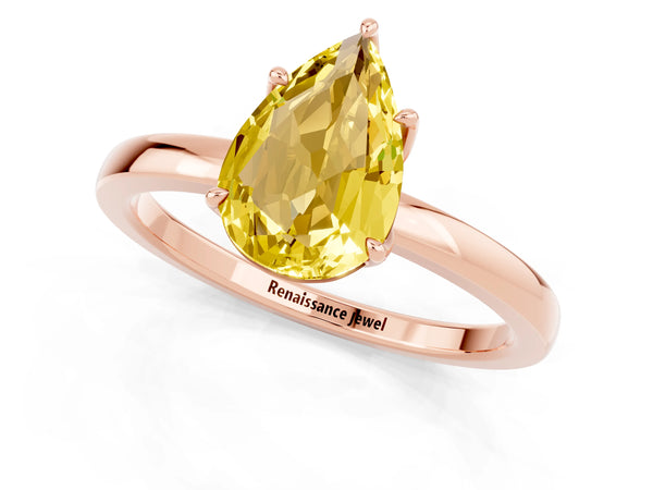 Rose gold Pear Cut Yellow Sapphire Solitaire Ring with Thin Band and Prong Setting
