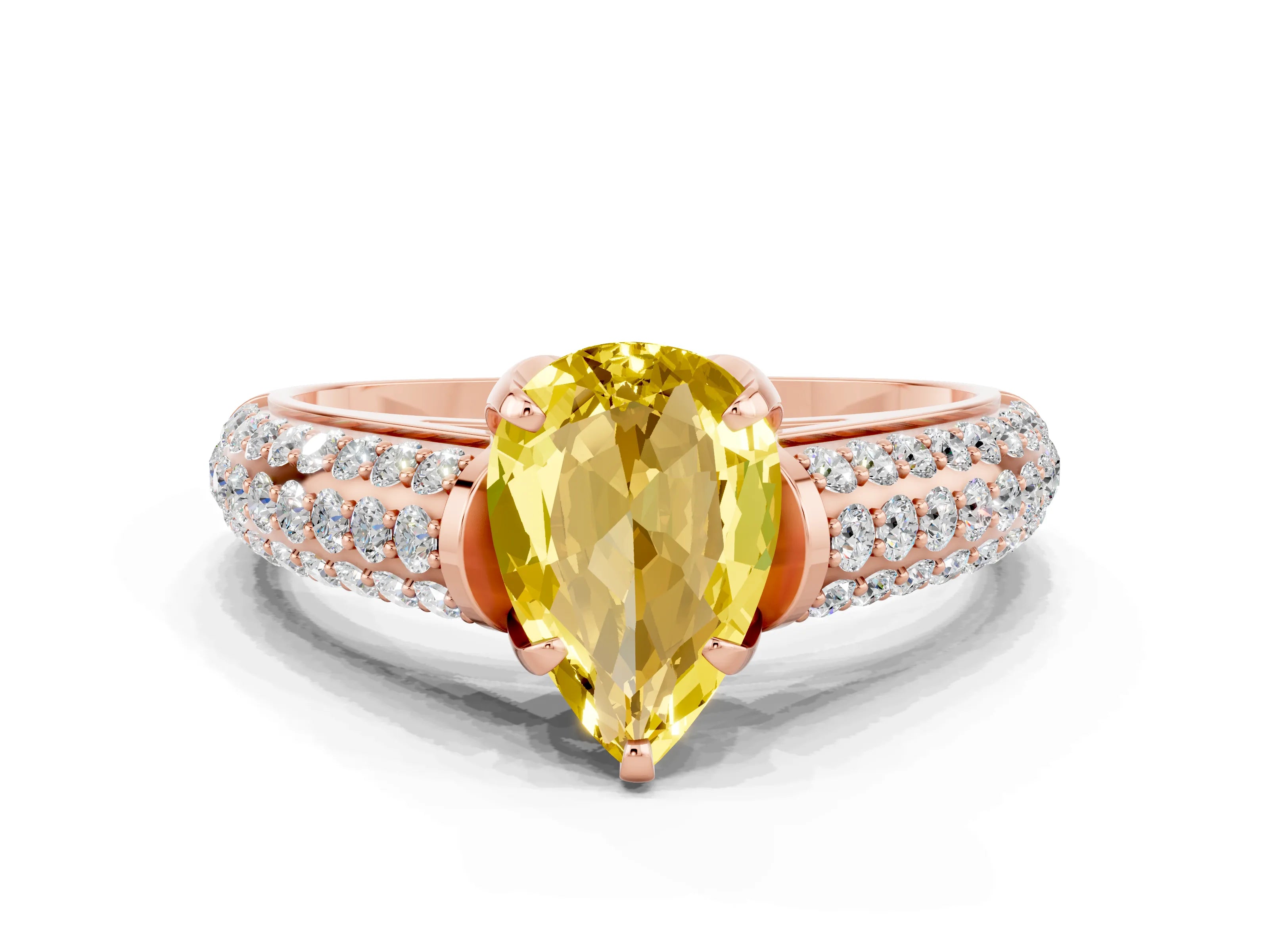 Rose gold Pear Cut Yellow Sapphire Solitaire Ring with Three-Row Pavé Band and Four-Prong Setting_12