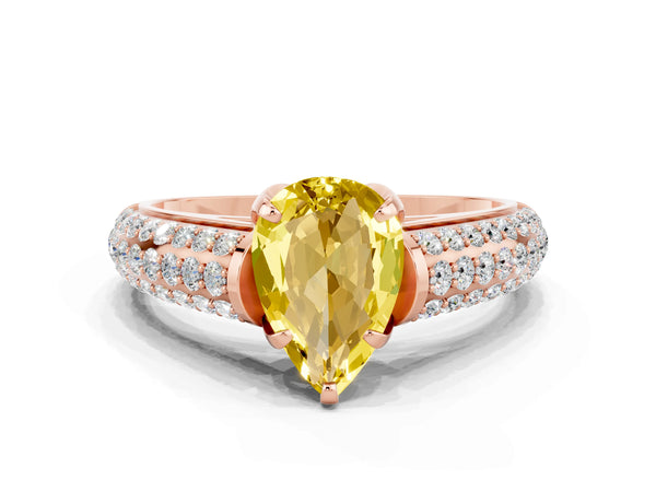 Rose gold Pear Cut Yellow Sapphire Solitaire Ring with Three-Row Pavé Band and Four-Prong Setting