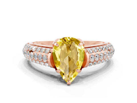 Rose gold Pear Cut Yellow Sapphire Solitaire Ring with Three-Row Pavé Band and Four-Prong Setting_12