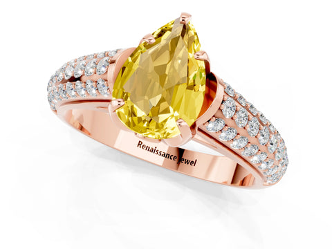 Rose gold Pear Cut Yellow Sapphire Solitaire Ring with Three-Row Pavé Band and Four-Prong Setting_13