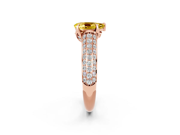 Rose gold Pear Cut Yellow Sapphire Solitaire Ring with Three-Row Pavé Band and Four-Prong Setting