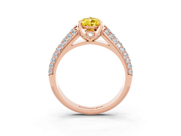 Rose gold Pear Cut Yellow Sapphire Solitaire Ring with Three-Row Pavé Band and Four-Prong Setting