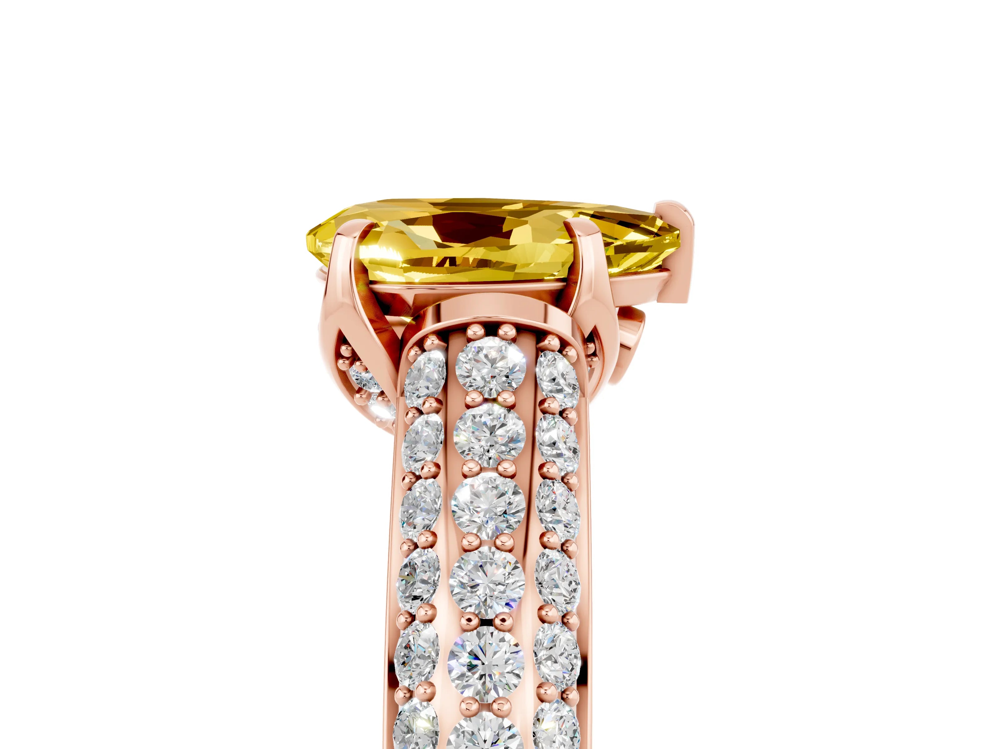 Rose gold Pear Cut Yellow Sapphire Solitaire Ring with Three-Row Pavé Band and Four-Prong Setting_17