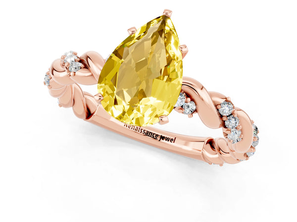 Rose gold Pear Cut Yellow Sapphire Solitaire Ring with Twisted Band and Pavé Accents