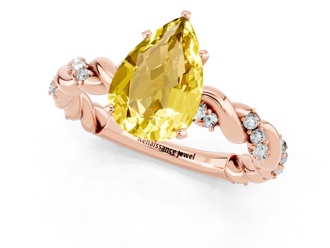 Rose gold Pear Cut Yellow Sapphire Solitaire Ring with Twisted Band and Pavé Accents_1