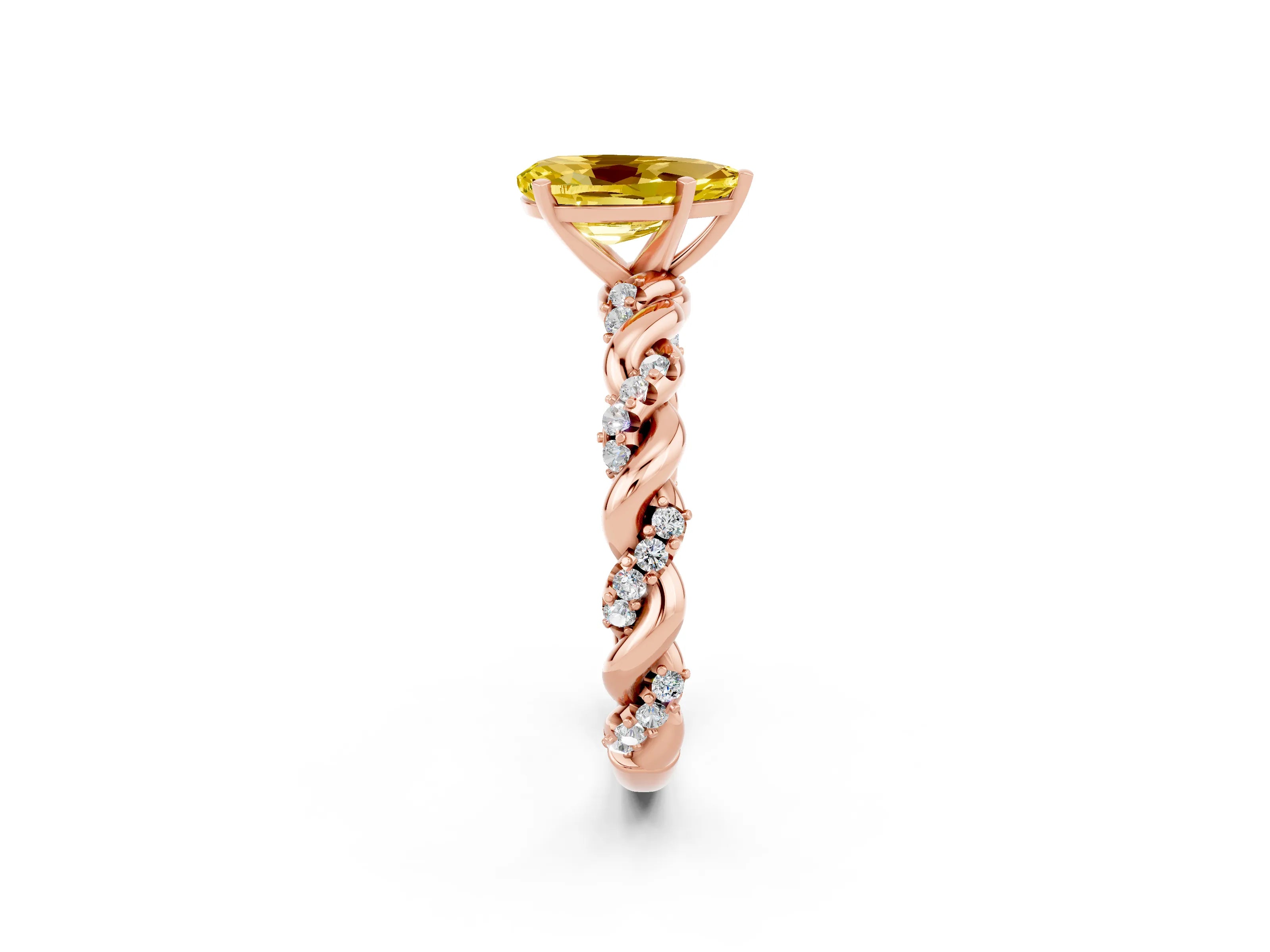 Rose gold Pear Cut Yellow Sapphire Solitaire Ring with Twisted Band and Pavé Accents_2