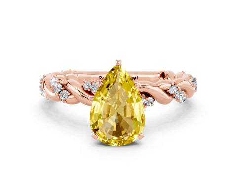 Rose gold Pear Cut Yellow Sapphire Solitaire Ring with Twisted Band and Pavé Accents