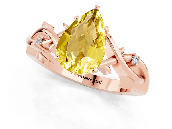 Rose gold Pear Cut Yellow Sapphire Solitaire Ring with Twisted Band and Prong Setting
