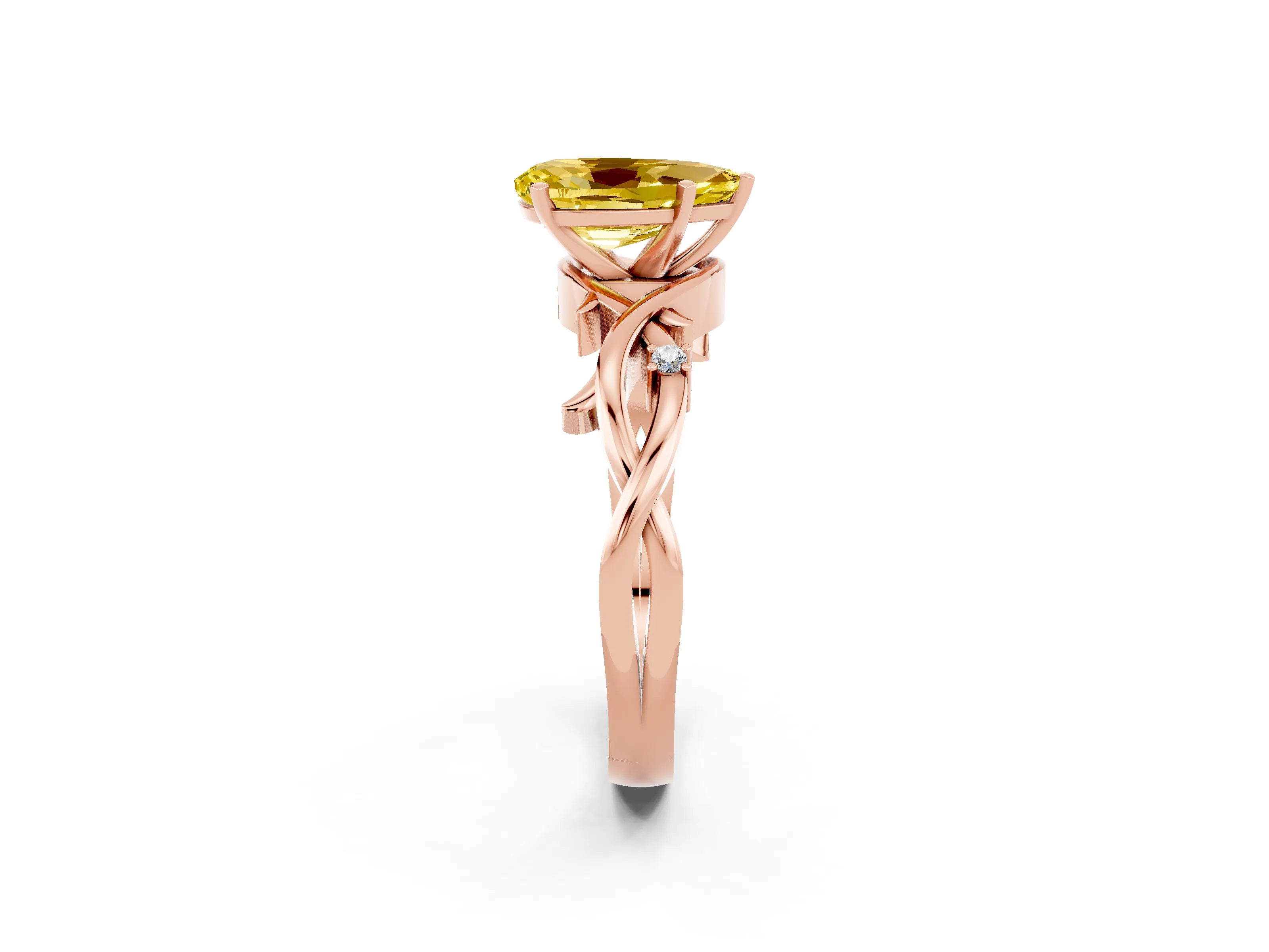 Rose gold Pear Cut Yellow Sapphire Solitaire Ring with Twisted Band and Prong Setting_2