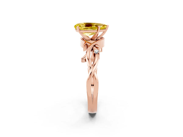 Rose gold Pear Cut Yellow Sapphire Solitaire Ring with Twisted Band and Prong Setting