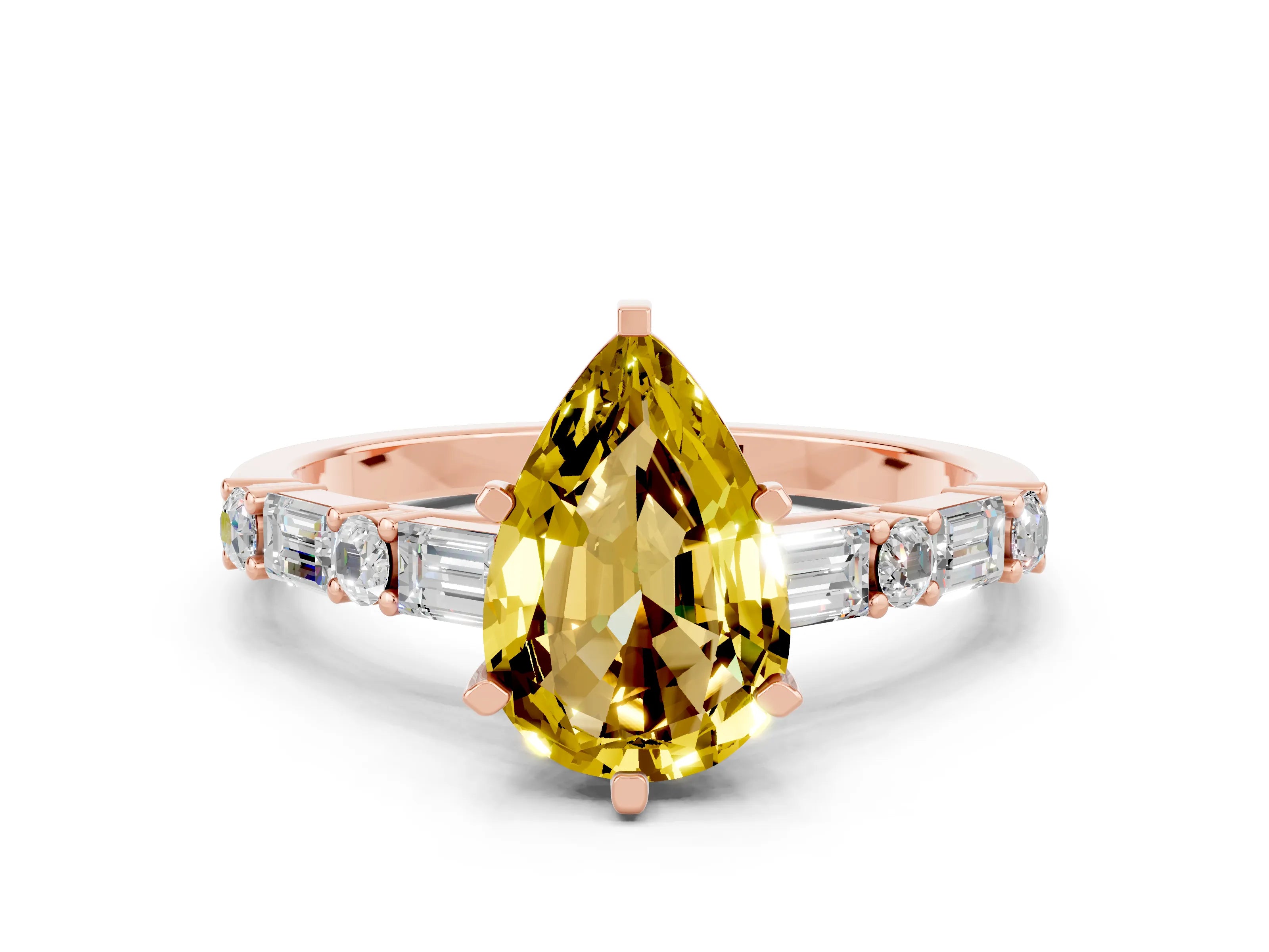 Rose gold Pear Cut Yellow Sapphire Solitaire with Side Baguettes and Channel Set Band_24