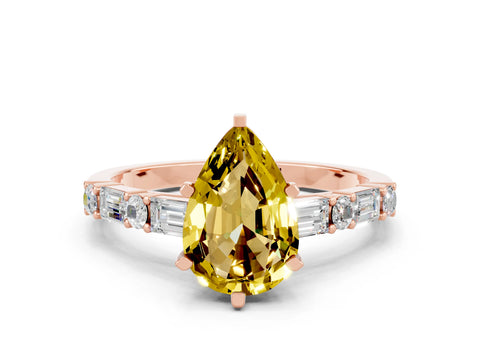 Rose gold Pear Cut Yellow Sapphire Solitaire with Side Baguettes and Channel Set Band_24