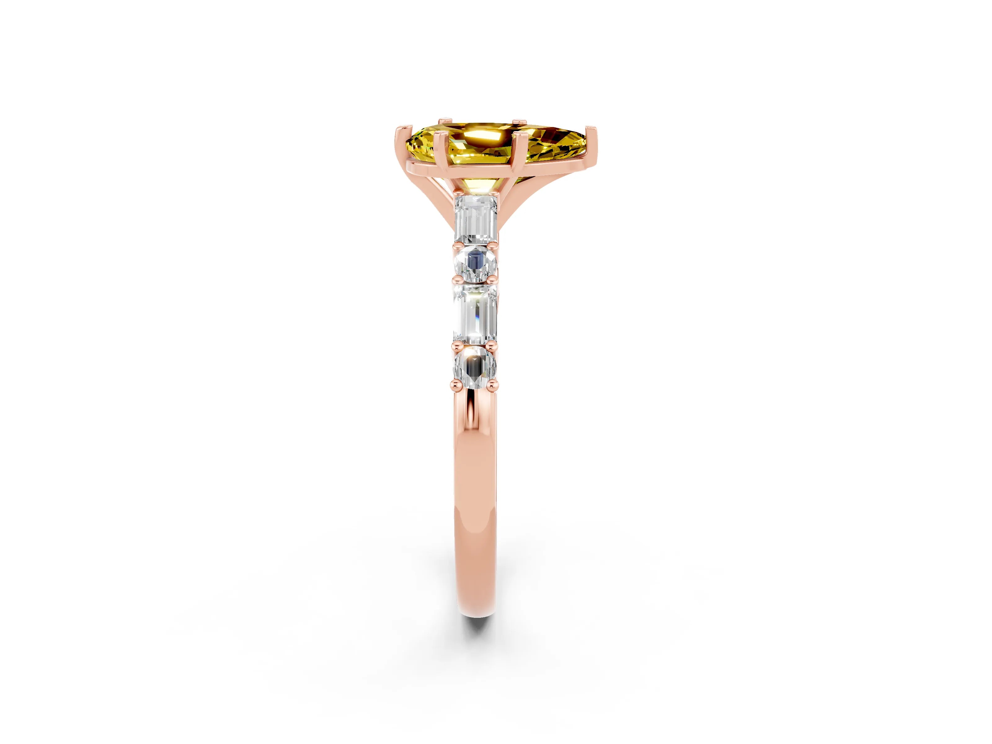 Rose gold Pear Cut Yellow Sapphire Solitaire with Side Baguettes and Channel Set Band_26