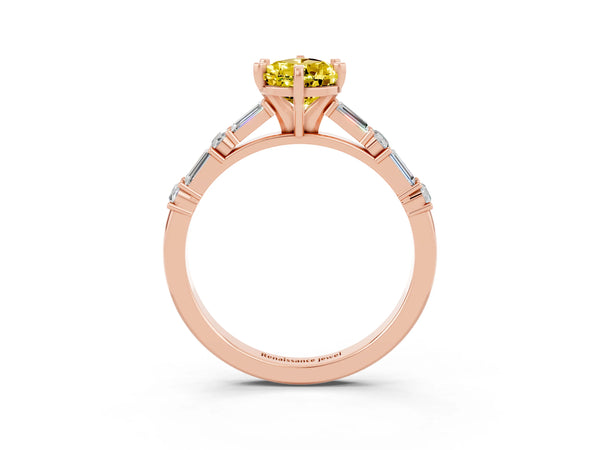 Rose gold Pear Cut Yellow Sapphire Solitaire with Side Baguettes and Channel Set Band