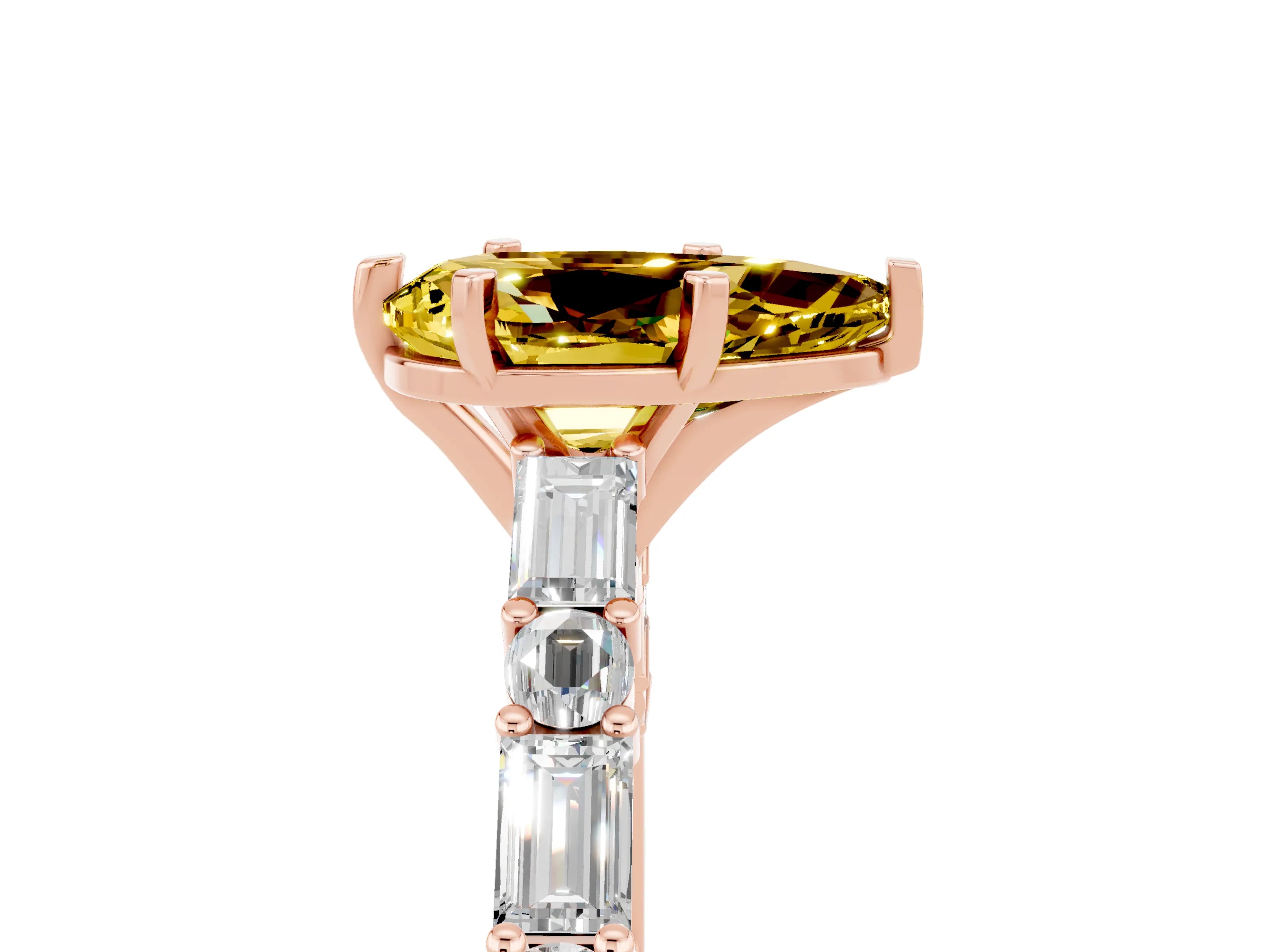 Rose gold Pear Cut Yellow Sapphire Solitaire with Side Baguettes and Channel Set Band_29