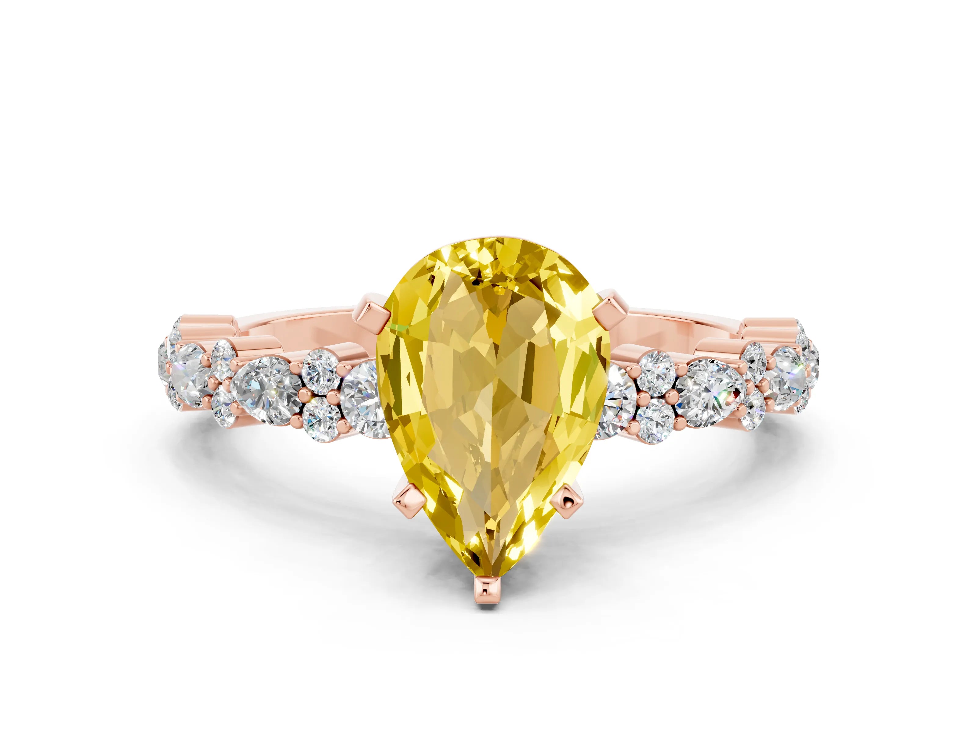 Rose gold Pear Cut Yellow Sapphire Solitaire with Side Stones, Pave Band, Four-Prong Setting_72