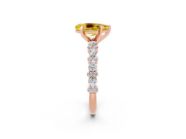 Rose gold Pear Cut Yellow Sapphire Side Stone Solitaire Ring with Round  and Four-Prong Setting