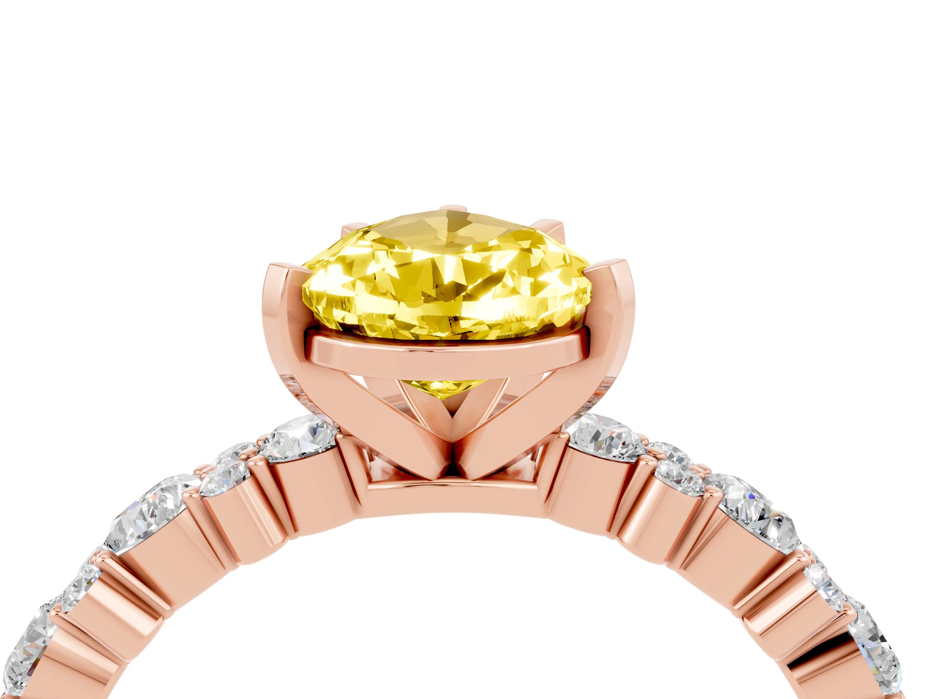 Rose gold Pear Cut Yellow Sapphire Solitaire with Side Stones, Pave Band, Four-Prong Setting_76