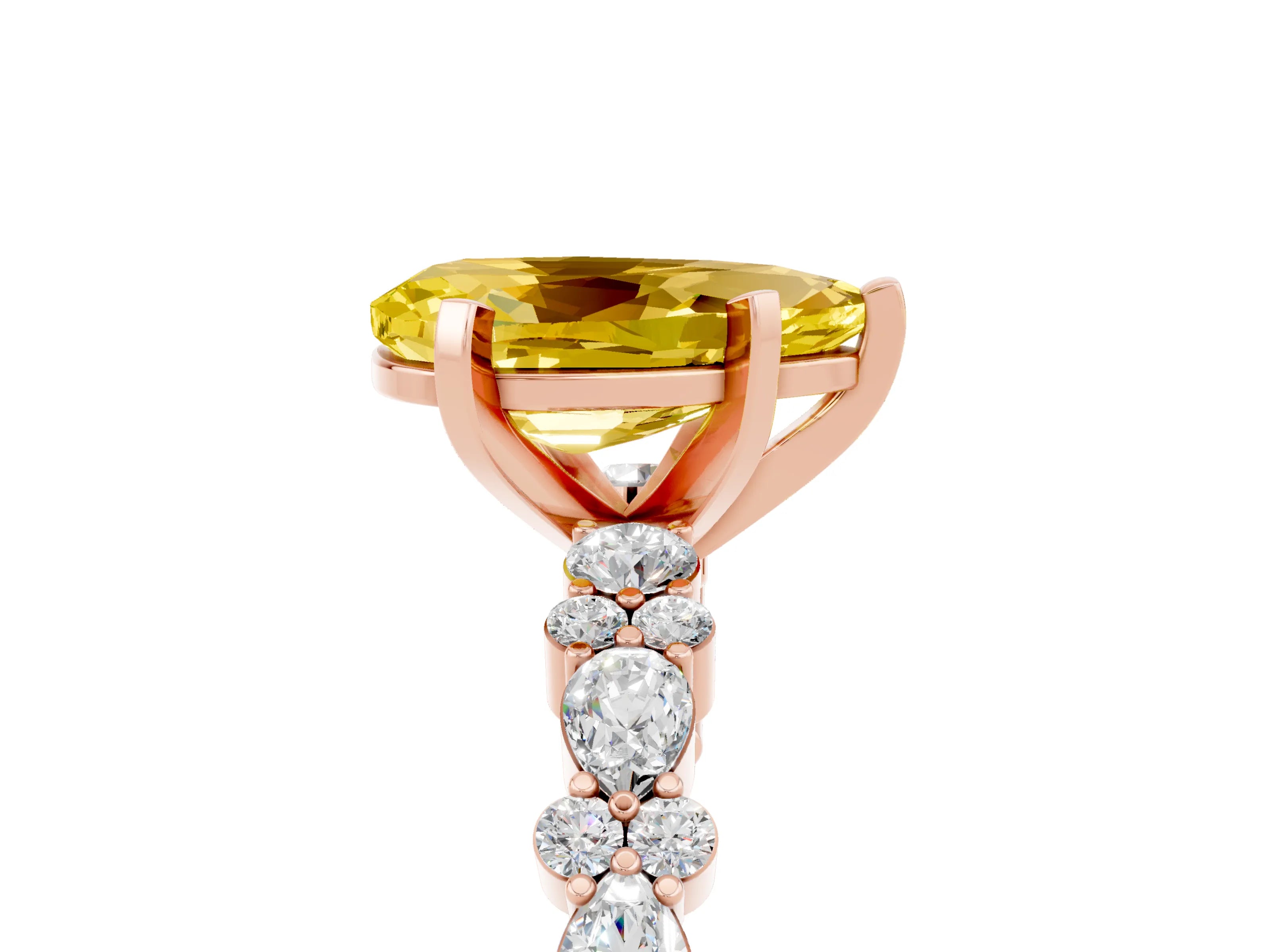 Rose gold Pear Cut Yellow Sapphire Solitaire with Side Stones, Pave Band, Four-Prong Setting_77