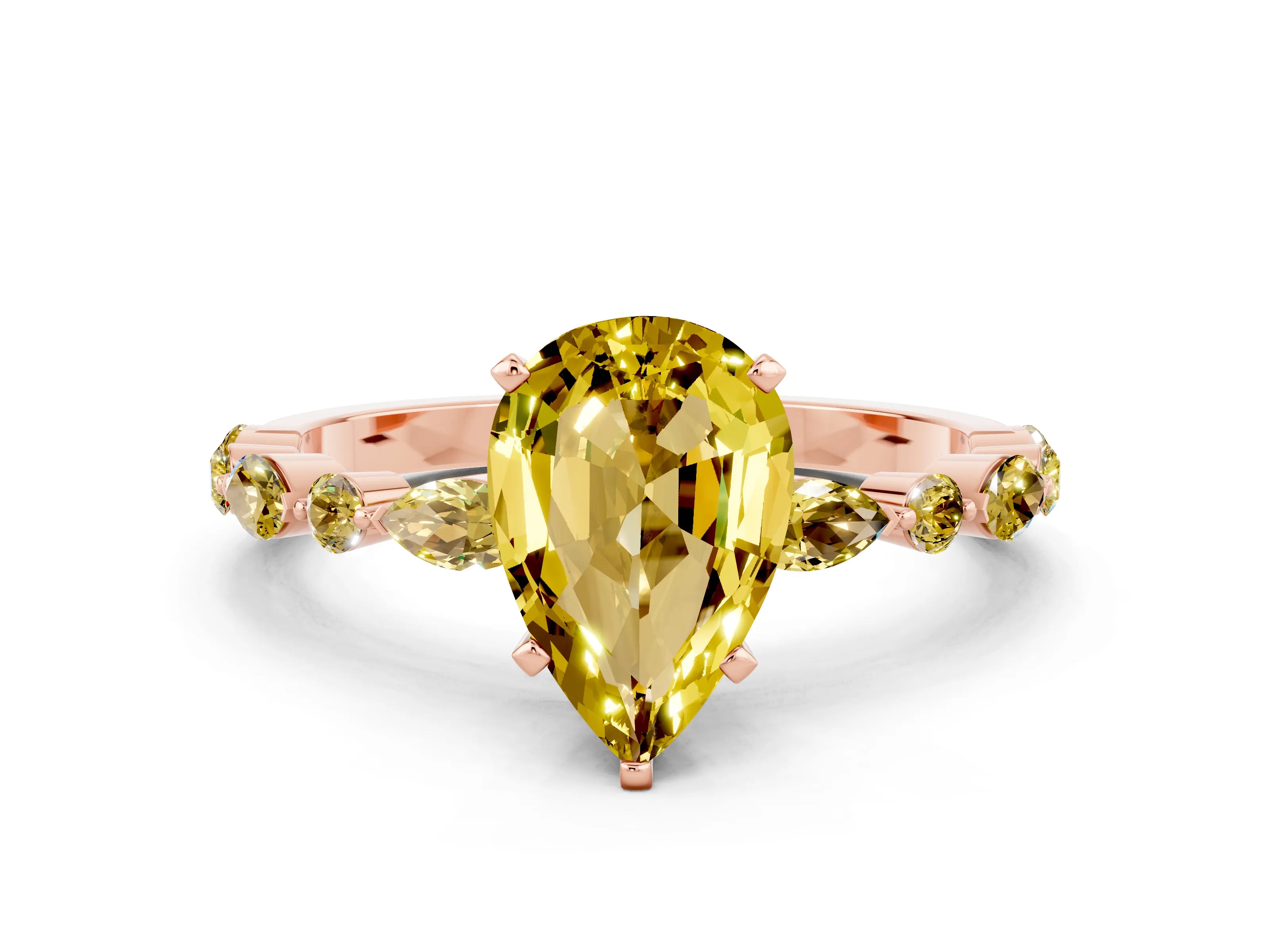 Rose gold Pear Cut Yellow Sapphire Solitaire with Side Stones on a Pavé Band and Four-Prong Setting