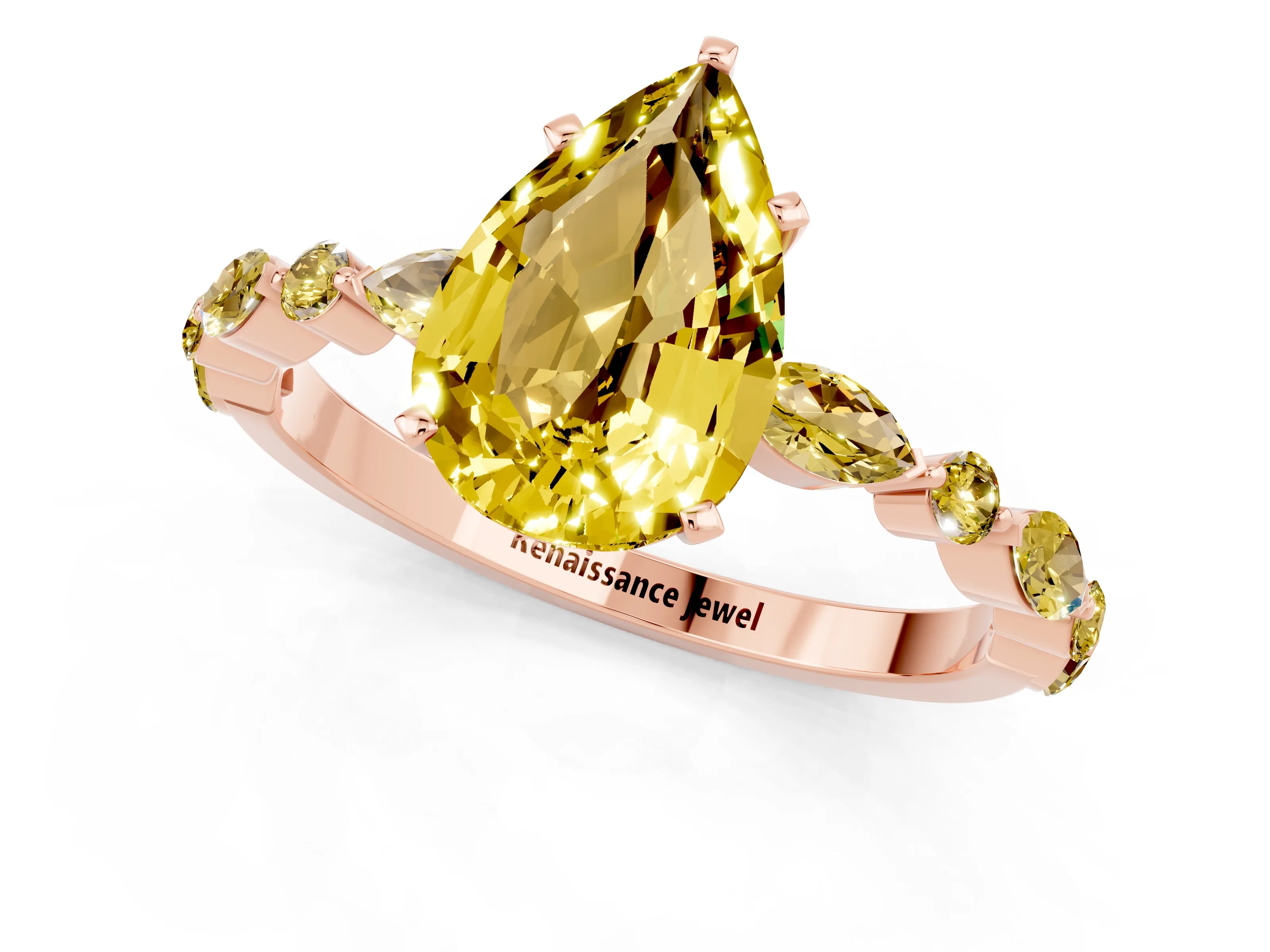 Rose gold Pear Cut Yellow Sapphire Solitaire with Side Stones on a Pavé Band and Four-Prong Setting_1