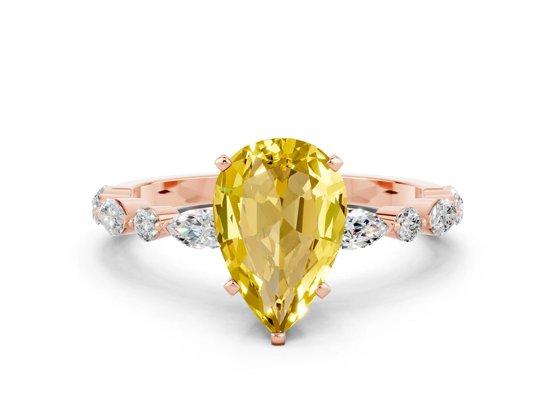 Rose gold Pear Cut Yellow Sapphire Solitaire with Side Stones on a Pavé Band and Four-Prong Setting_24