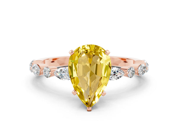 Rose gold Pear Cut Yellow Sapphire Ring with Marquise and Round  Side Stones and Four-Prong Setting