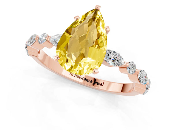 Rose gold Pear Cut Yellow Sapphire Ring with Marquise and Round  Side Stones and Four-Prong Setting